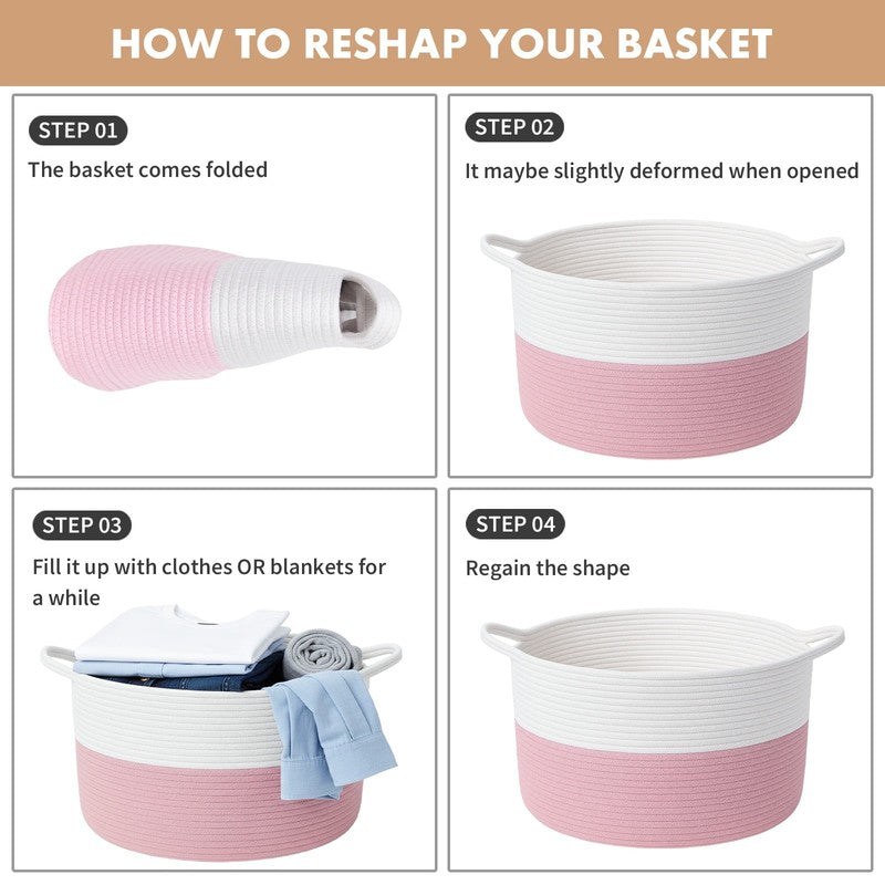 80L Collapsible Cotton Laundry Basket w/ Handles – White & Pink2