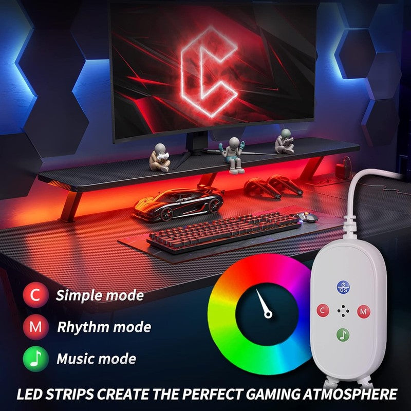 40" L Shaped Gaming Desk Aurora LED Lights Power Outlets Carbon Fiber w/ Shelves4