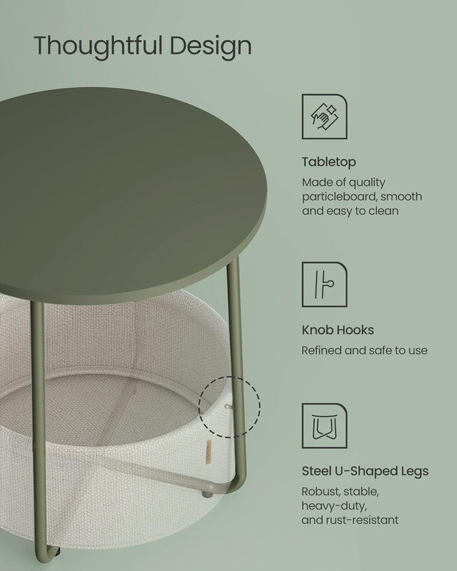 Small Round Side Table Nightstand with Fabric Basket Forest Green Cream White4