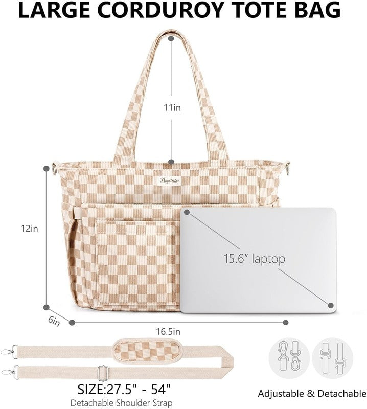 Women Corduroy Tote Bag 17 Pockets Laptop Work Travel Multi Pocket Shoulder Bag1