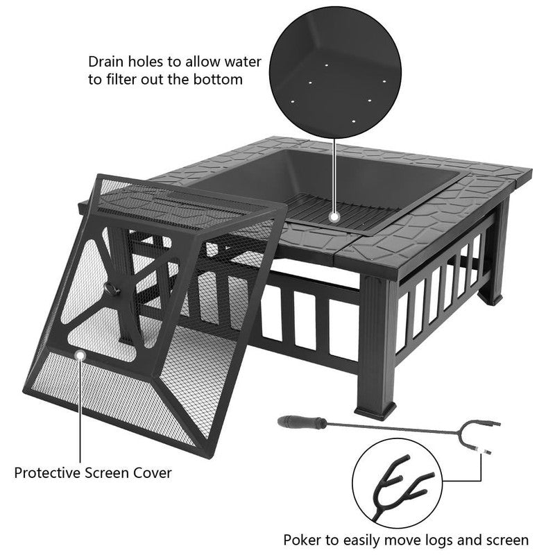 Wooden 32" Metal Fire Pit Patio Garden Square2