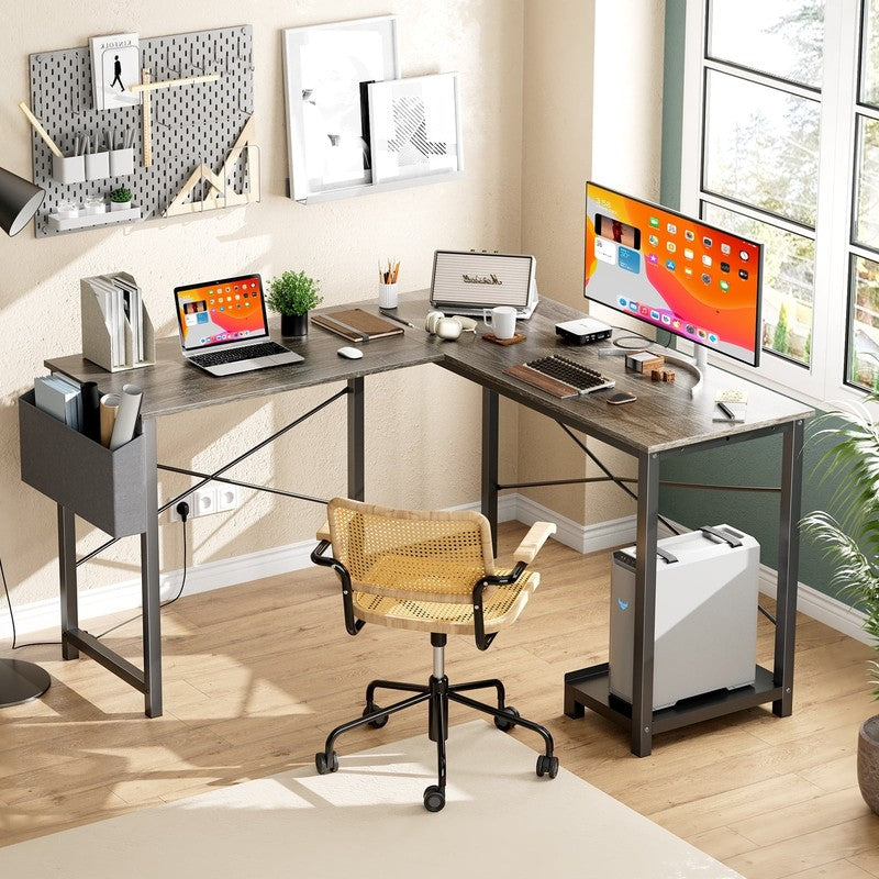 49" Modern L Shaped Computer Desk w/ Storage Shelf & Side Bag Gray4