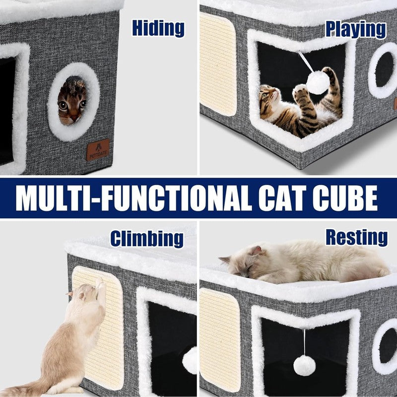 Cat Cave Bed for Indoor Cats – Foldable Cat House with Scratch Pad Grey6