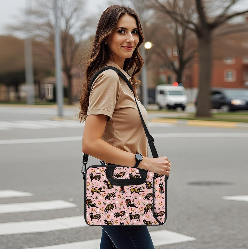 14 15.6 Laptop Sleeve Bag Flowers Cats Neoprene Carry Case w/ Handle Pocket1