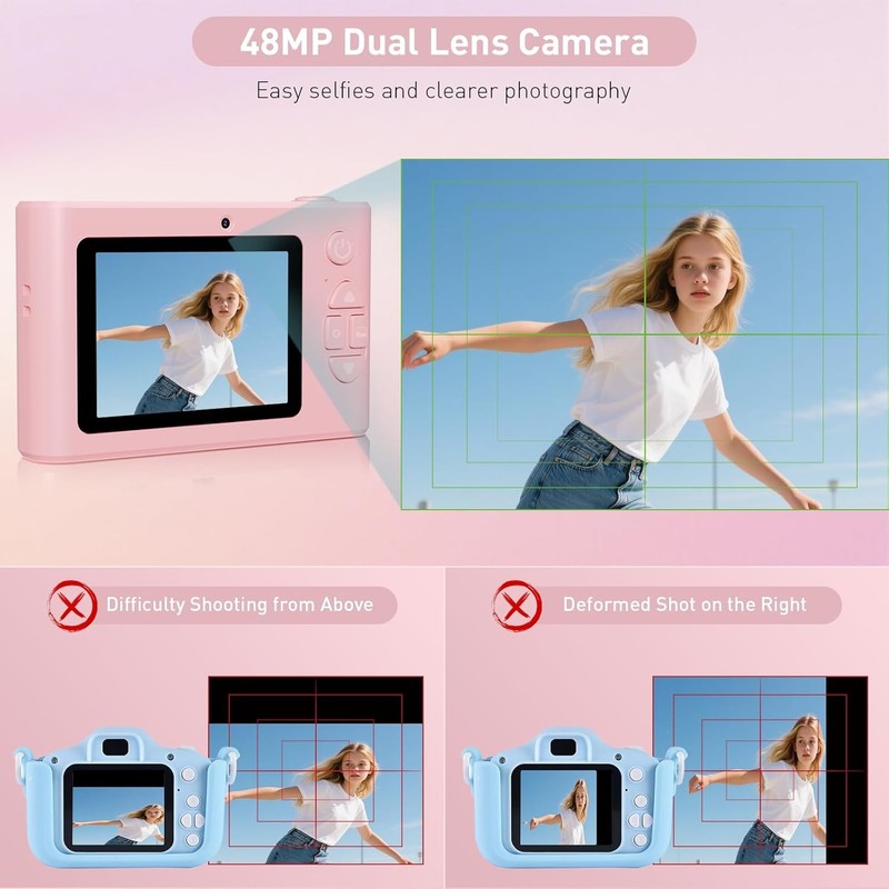 48MP Kids Digital Camera 1080P Dual Lens w/ 32GB Card – Pink Gift2
