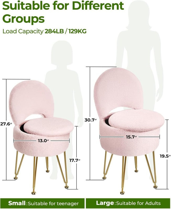 Faux Fur Vanity Stool Chair w/Storage Folding Back Ottoman Pink1