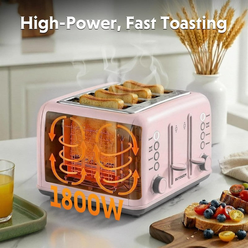 Retro 4 Slice Toaster 1800W Extra Wide Slots 7 Shade Bagel Muffin Stainless Pink6