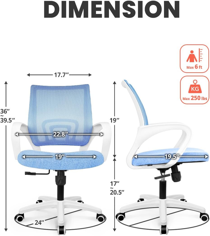 Mesh Office Desk Chair Ergonomic Mid Back Lumbar Support Sky Blue2