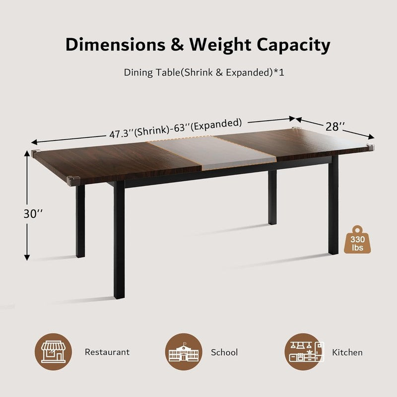 63" Extendable Dining Table for 4 8, Square Wooden Dining Room Table with Metal 2