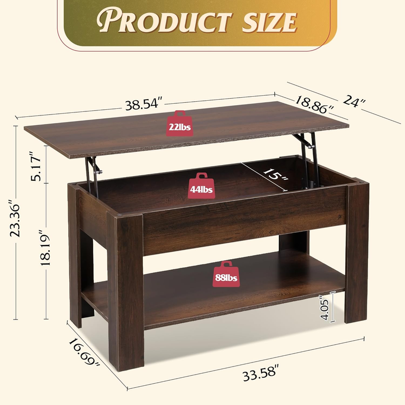 39" Lift Top Coffee Table w/ Hidden Compartment Storage Shelf Espresso2