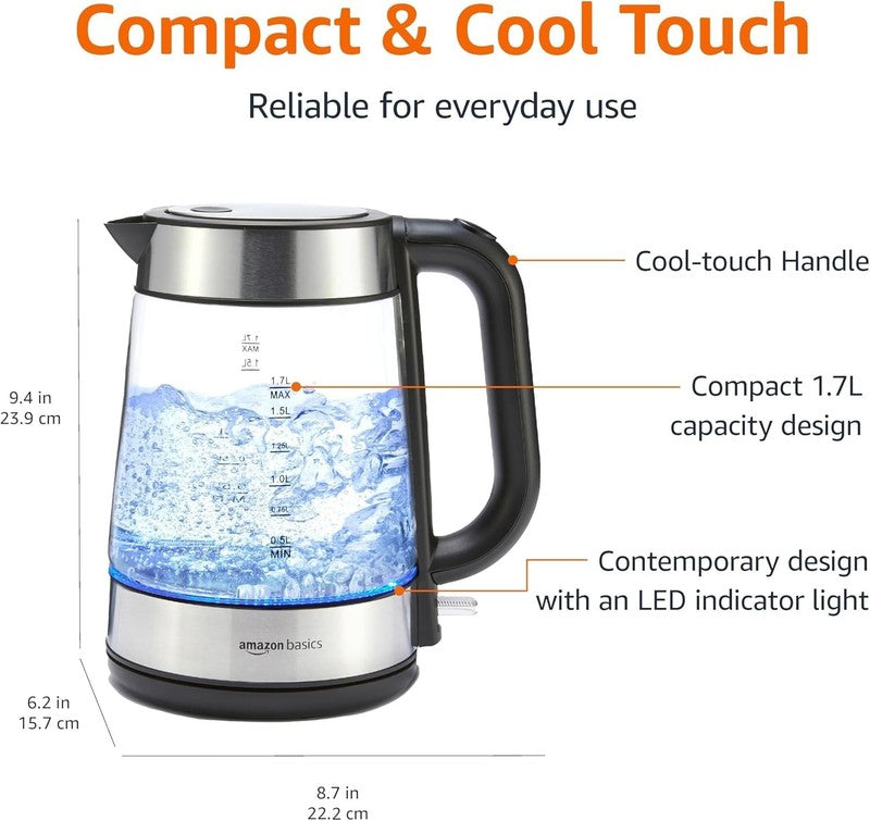 Fast Boiling Electric Kettle with Glass Carafe, BPA Free, 1.8 Quarts1