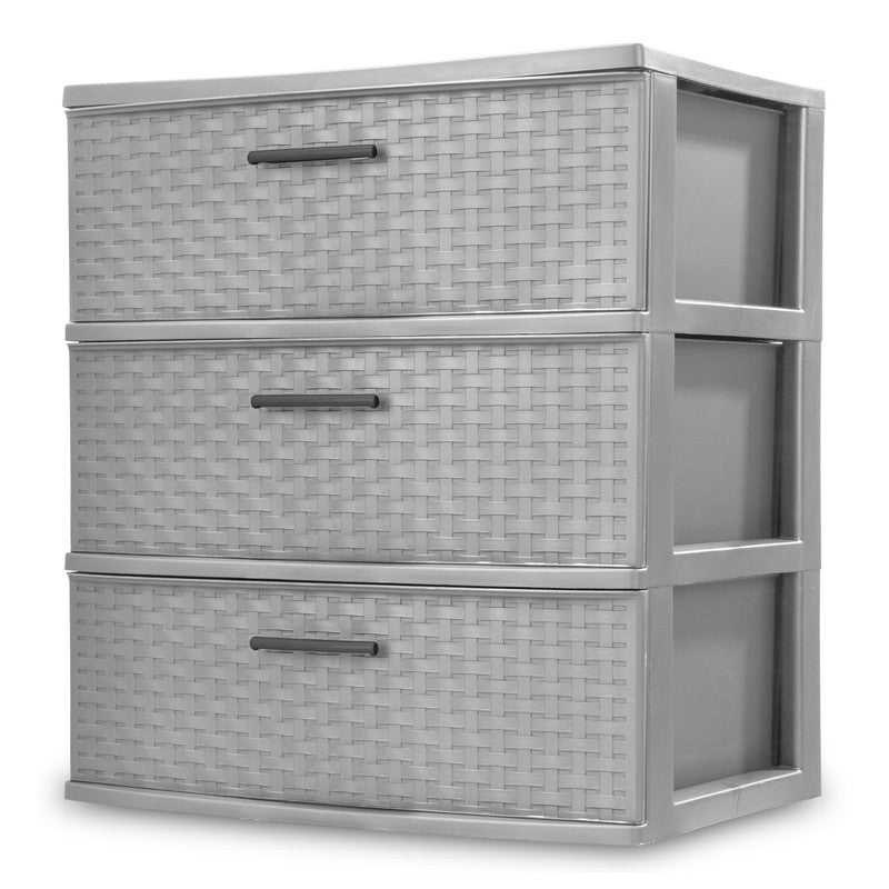 3 Drawer Wide Weave Tower, Plastic Décor Drawers with Pull Handles, Light Gray0