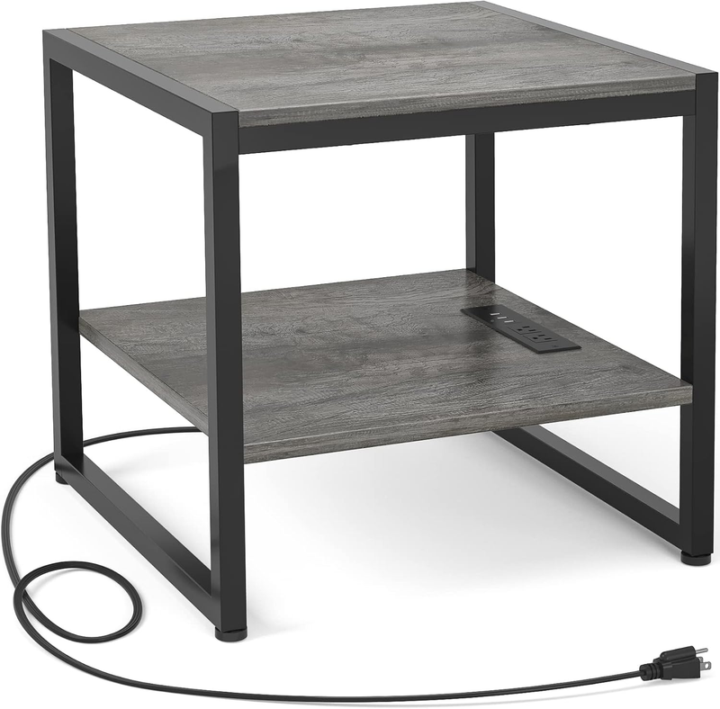 End Table with Charging Station 2 Tier Shelf Mini Fridge Stand Black Oak8