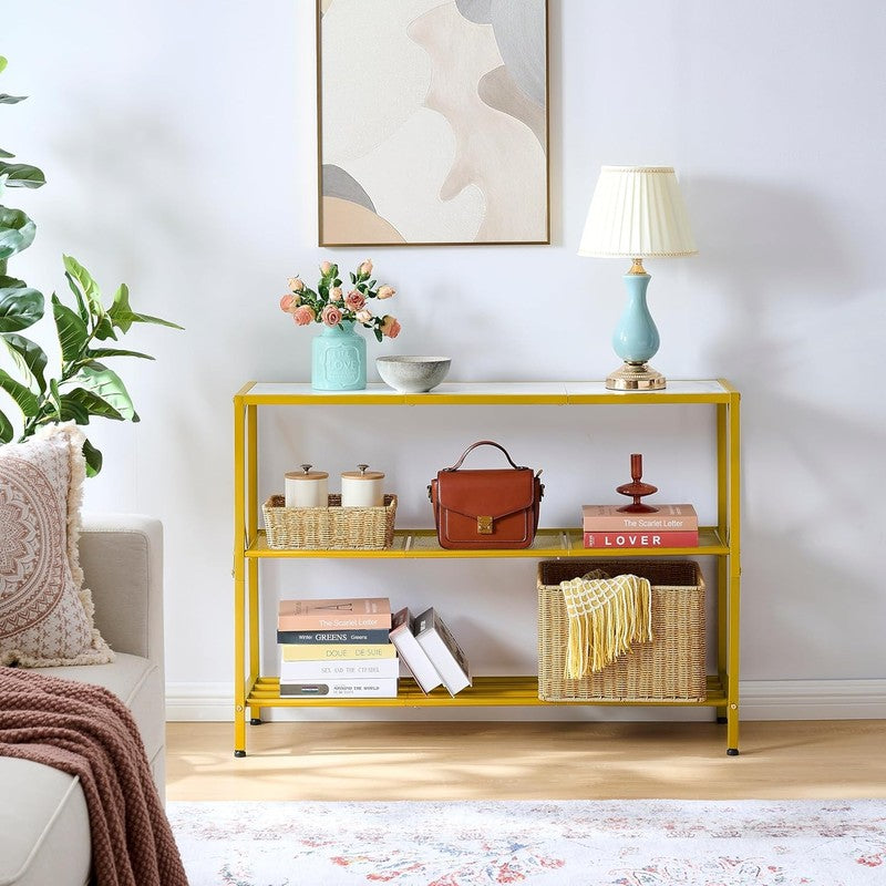 Gold Console Table 3 Tier Entryway Hallway Narrow Sofa Table White Shelves7