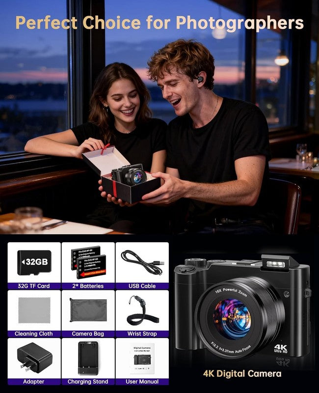 4K Digital Camera 64MP Vlogging Dual-Lens 16X Zoom Anti-Shake w 3" Selfie Screen8