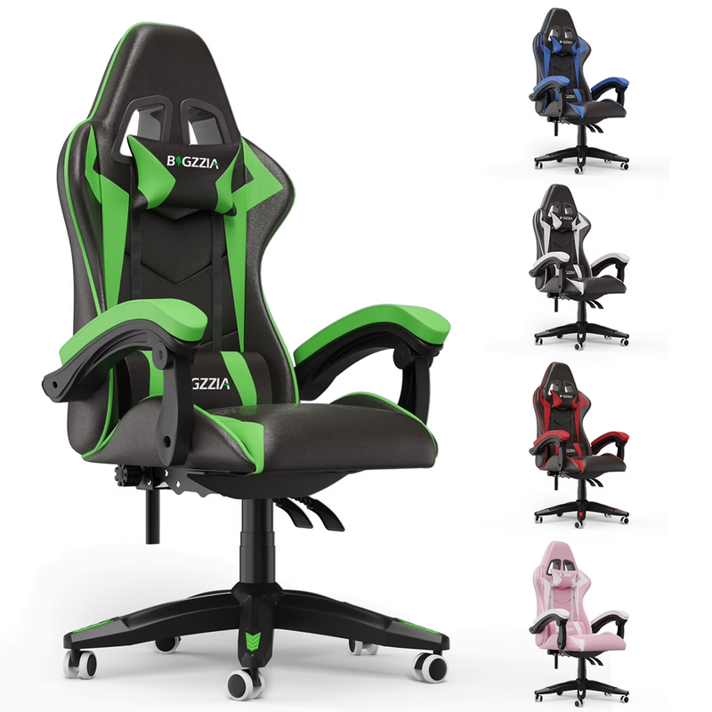 Gaming Chair PU Leather Adjustable Headrest & Lumbar Support, Green0