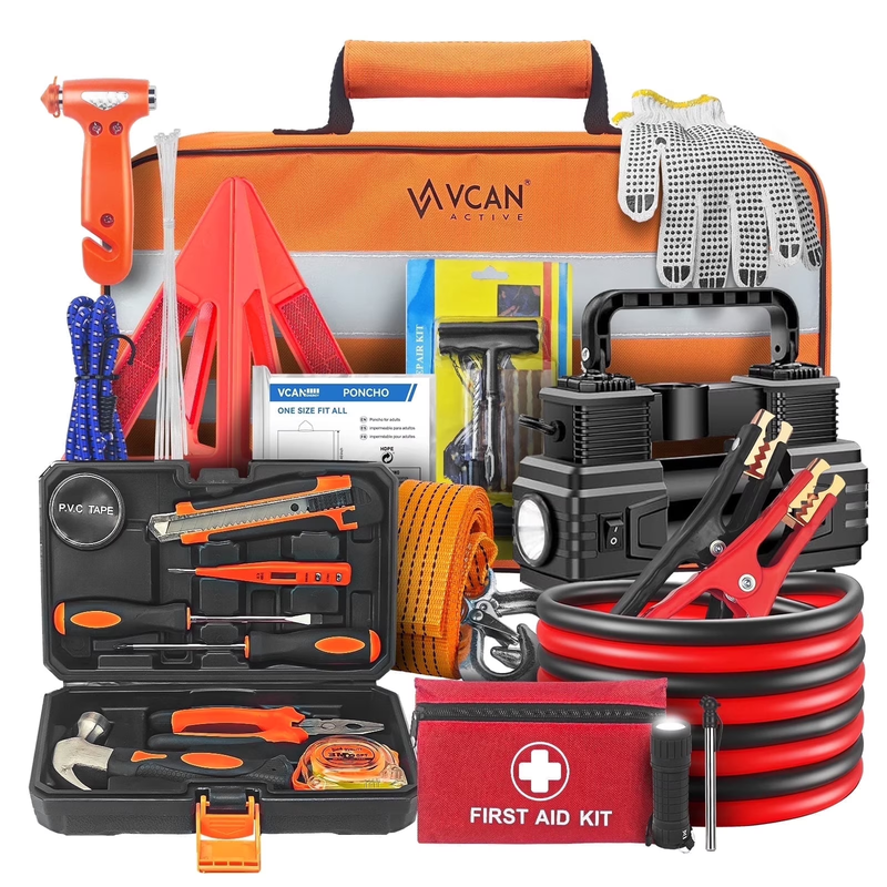 Car Emergency Kit with Portable Air Compressor, First Aid Kit, Jumper Cables & R9