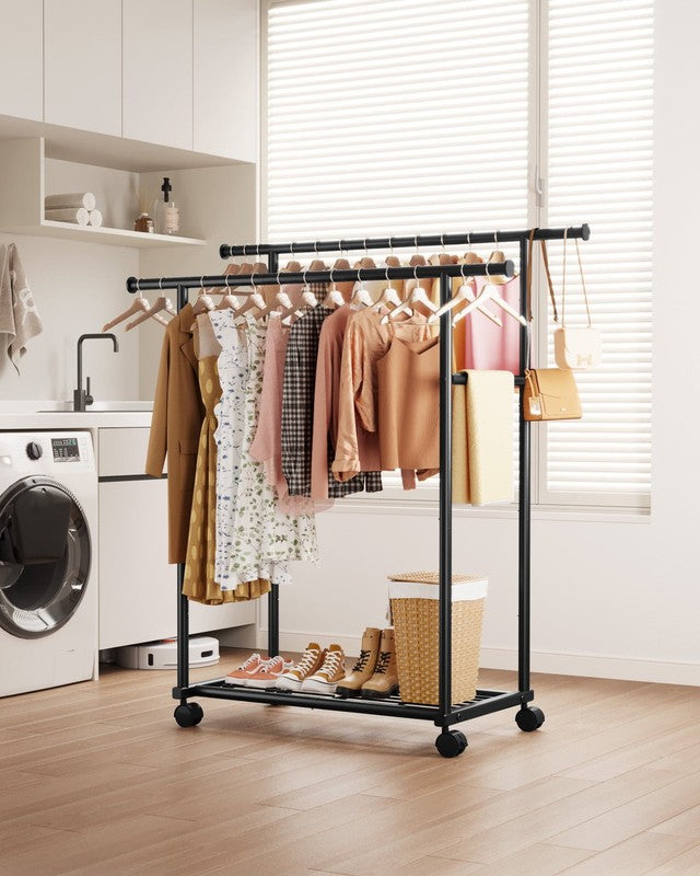 Clothes Rack with Double Hanging Rods and Bottom Shelf, Rolling Metal Garment Ra5