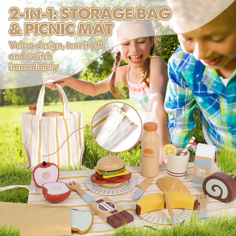 Wooden Play Food Sets for Kids Kitchen, Food Toys for Toddlers 3 5, Pretend Picn1