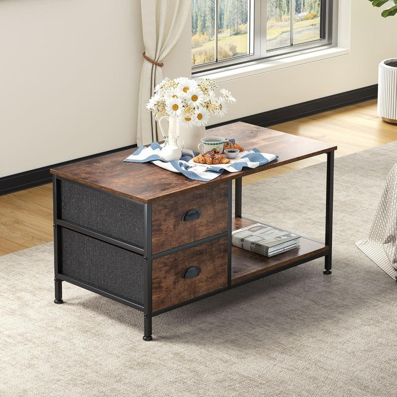 2 Tier Brown Coffee Table with Drawers, Wood & Metal, Living Room Table6