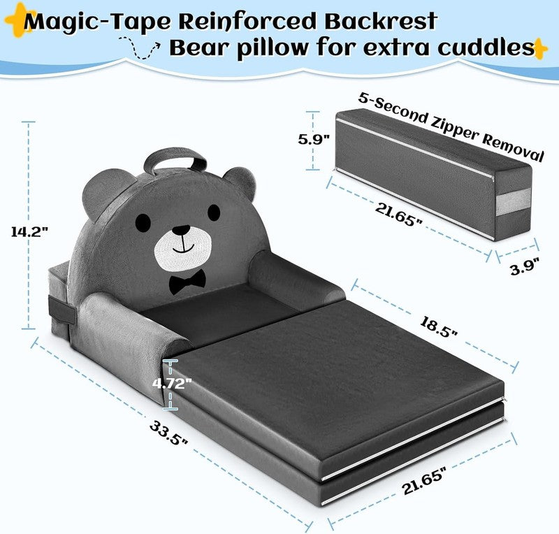 Kids Foldable Sofa Bed w/ Washable Cover, Crystal Velvet Toddler Chair Gray6