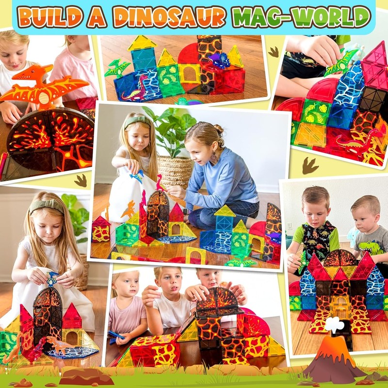 Dinosaur Magnetic Tiles Building Blocks Toy Kids Ages 3–8 Lava World Set1