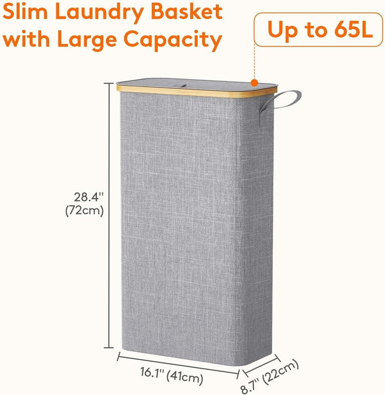 Slim 65L Laundry Hamper with Bamboo Handles, Foldable Basket with Lid, Grey1