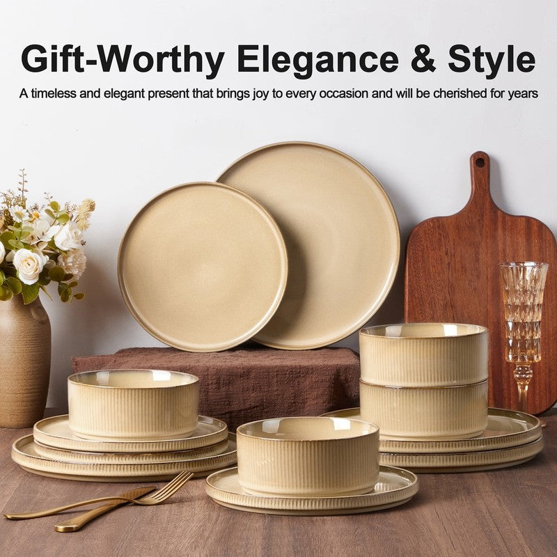 Dinnerware Set for 4, 12 Piece Stoneware Ribbed Dishes with Reactive Glaze, Cera8