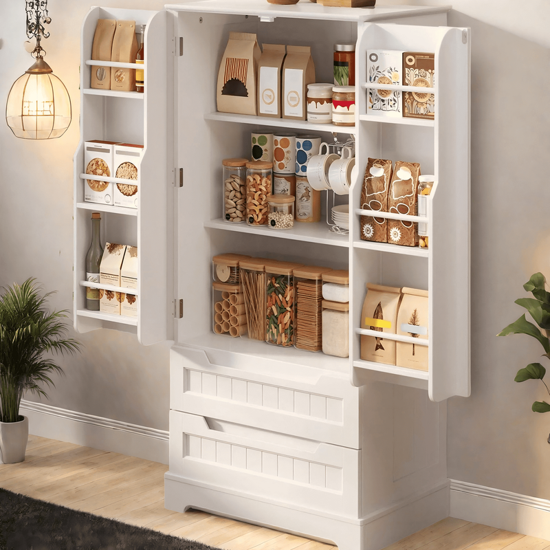 47" Kitchen Pantry Cabinet – 2 Drawers, 2 Shelves & 6 Side Shelves, Magnetic Clo9