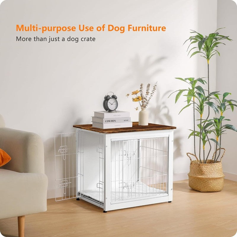Dog Crate Furniture Table w/Cushion Wooden Kennel Double Door 27.2" White/Brown7