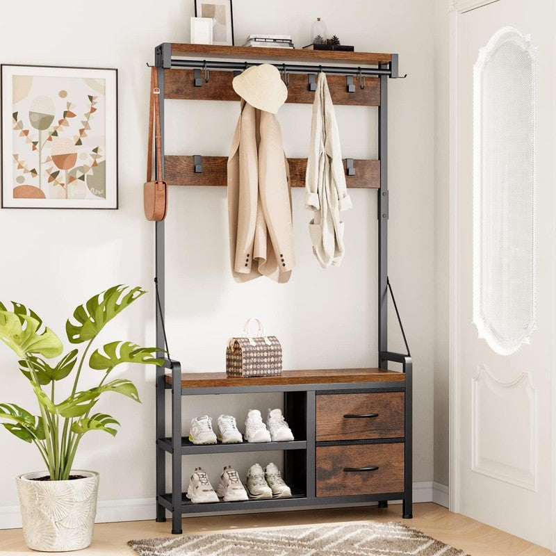 Hall Tree Entryway Bench with Coat Rack & Storage 5-in-1 Rustic Brown 31.5"1