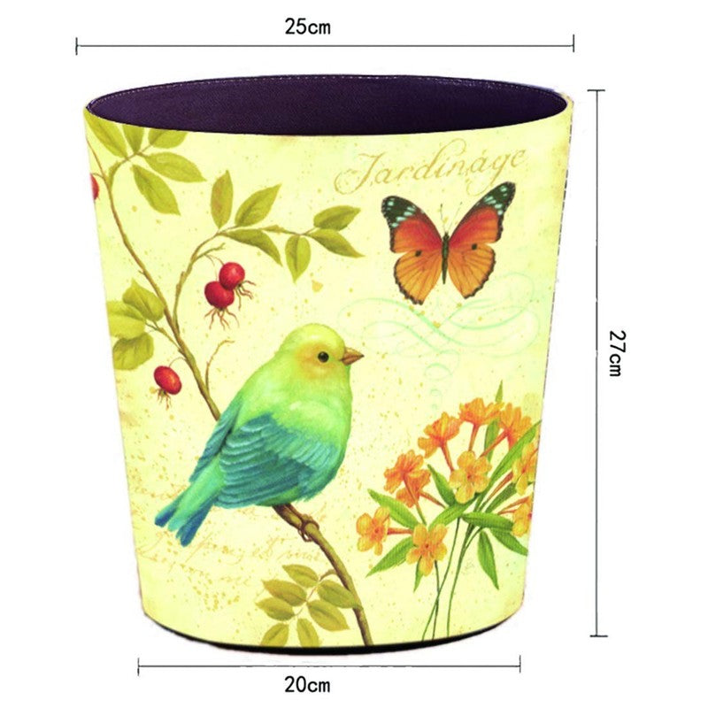 10L PU Leather Trash Can, Waterproof, Decorative Waste Basket, Green Bird1