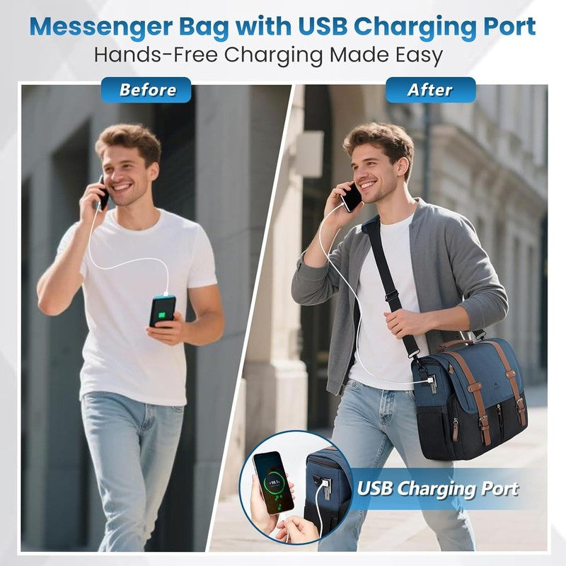 Messenger Bag 15.6 Inch Laptop Satchel USB Port Water Resistant Briefcase2