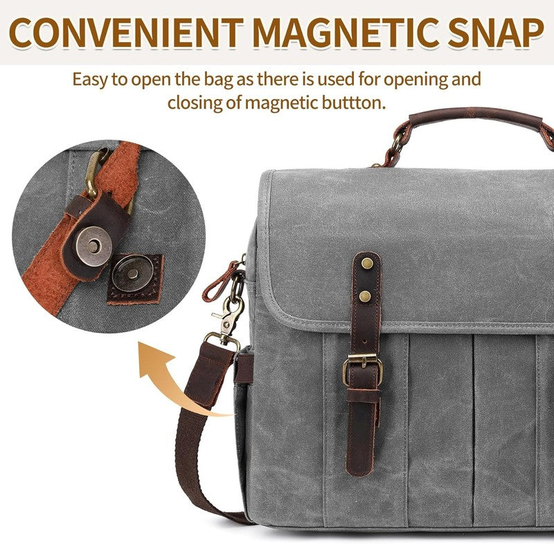 Men's 15.6" Vintage Canvas Leather Laptop Messenger Bag Light Gray Satchel2