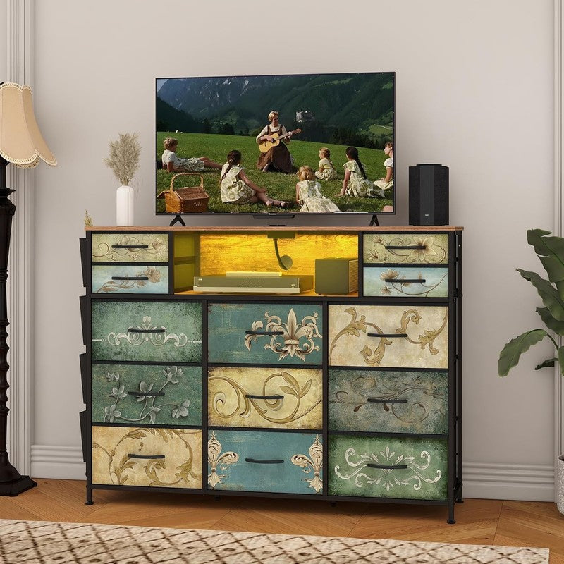 13 Drawer Retro Dresser TV Stand with Power Outlet LED Light Boho Storage Chest1