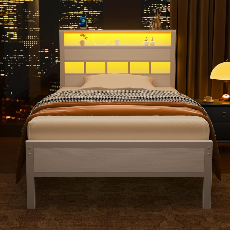 Twin Bed Frame LED Charging Station Storage Headboard Metal Slats White6