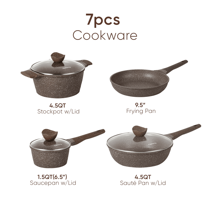 Non Stick Pots and Pans Set, 7Pcs Induction Kitchen Cookware Sets (Brown)1