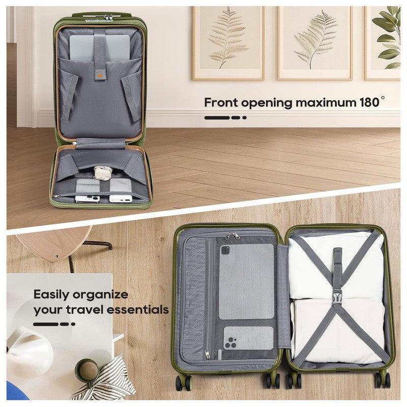 3 Piece Front Opening Cover Carry On Luggage Side Hooks TSA Lock Spinner Wheels 2