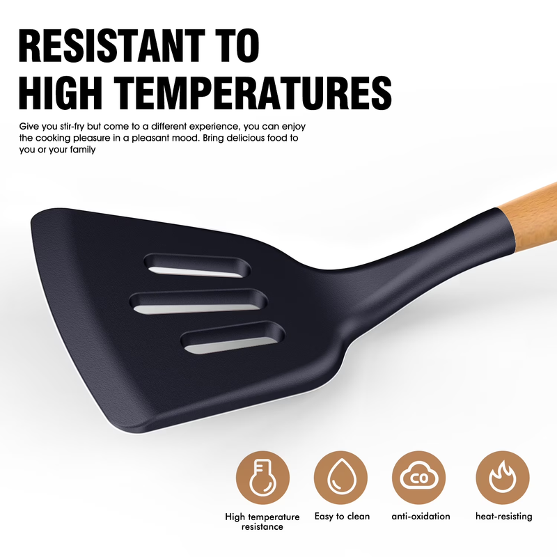 Silicone Kitchen Utensil Set Wooden Handle Holder Heat Resistant Navy Blue3