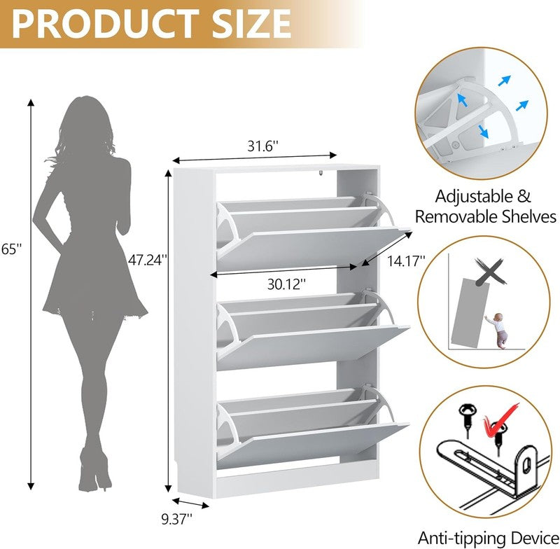 47'' Shoe Cabinet 3 Flip Drawers Slim Wood Storage Rack Organizer Entryway White1