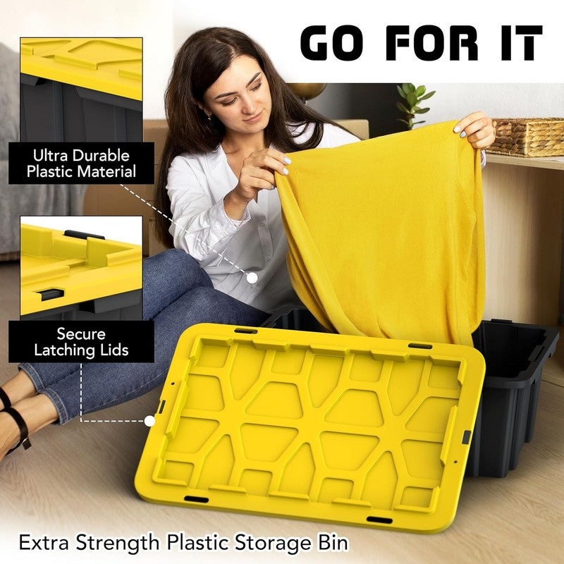 12Gal Black/Yellow Plastic Storage Bins w Lids Stackable 8 Pack Totes2