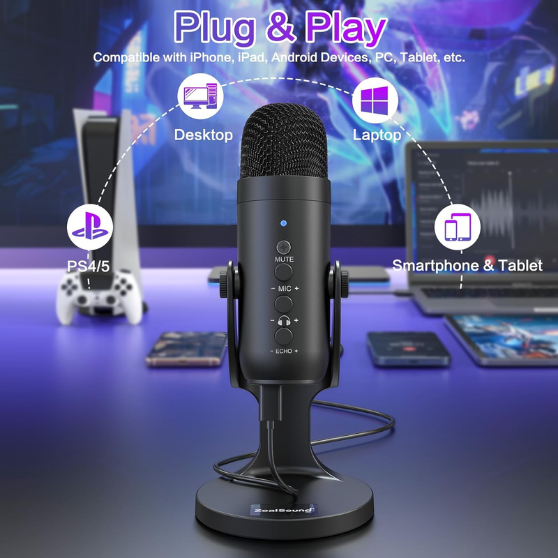 Podcast USB Microphone Noise Canceling w/ Gain Volume Mute for PC Mac Android1