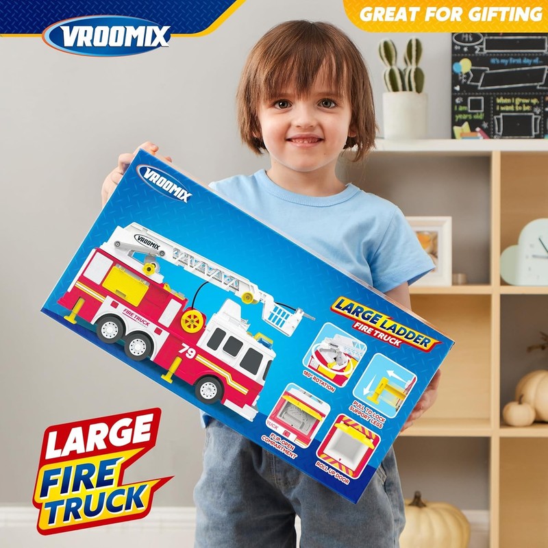 Extra Large Toddler Fire Truck Toys for Boys with 33 Inch Ladder, Lights & Sprin6