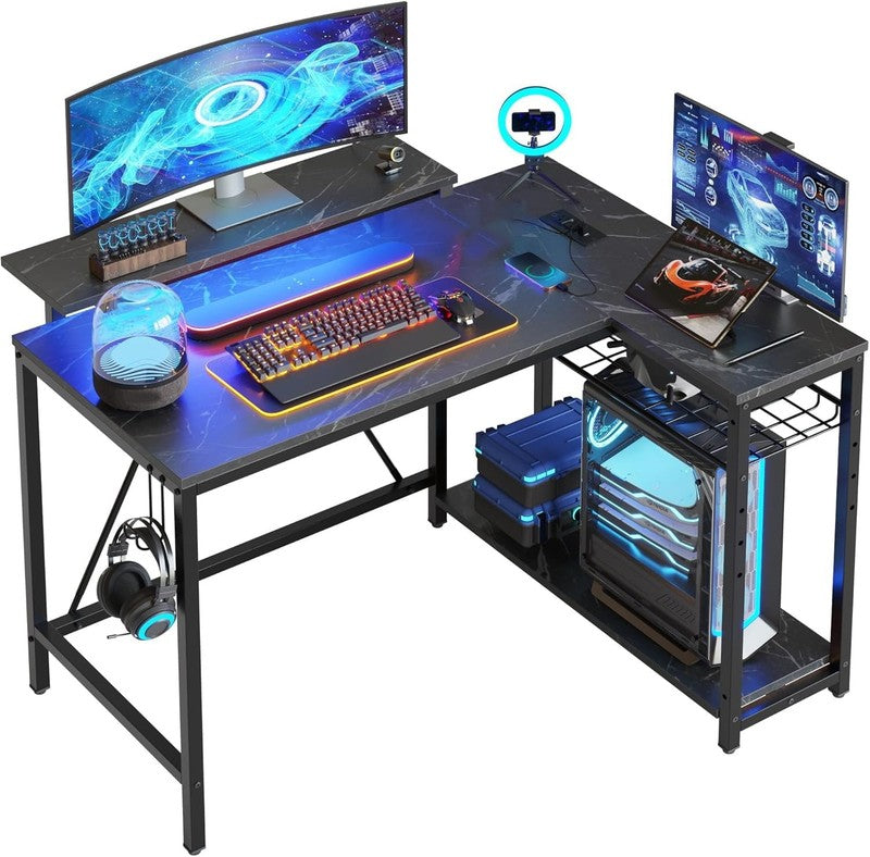 42" L-Shaped Gaming Desk LED with Power Outlets, Monitor Stand Black Marble2