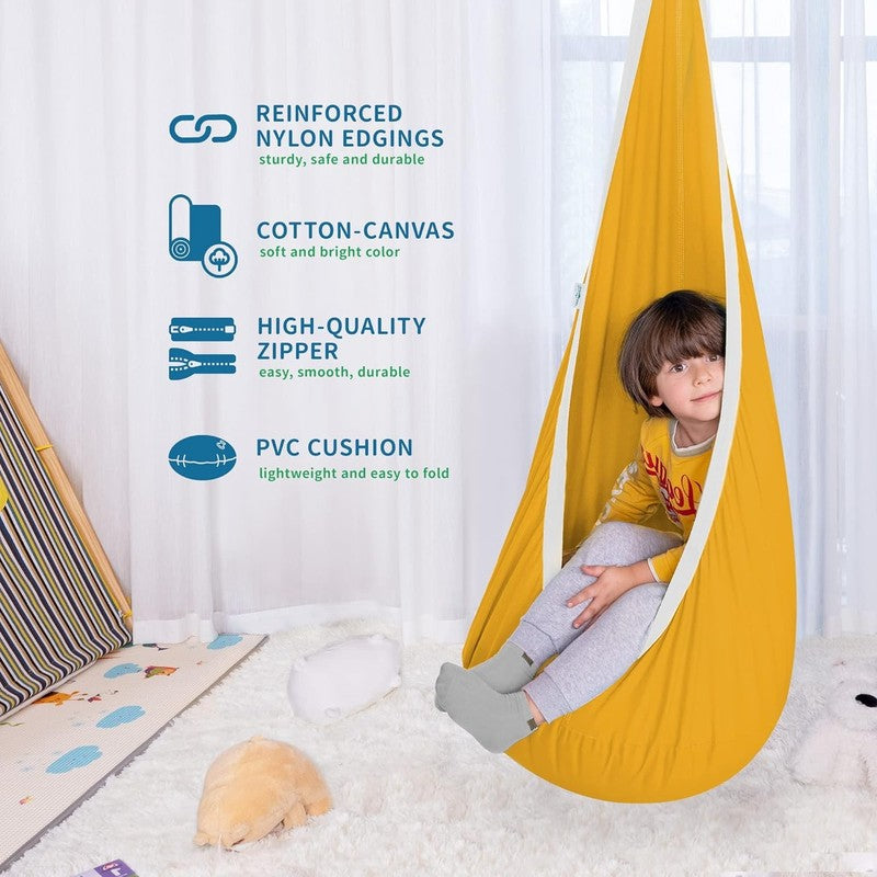 Kids Pod Swing Seat Cotton Hammock Sensory Chair Indoor Outdoor Yellow White2