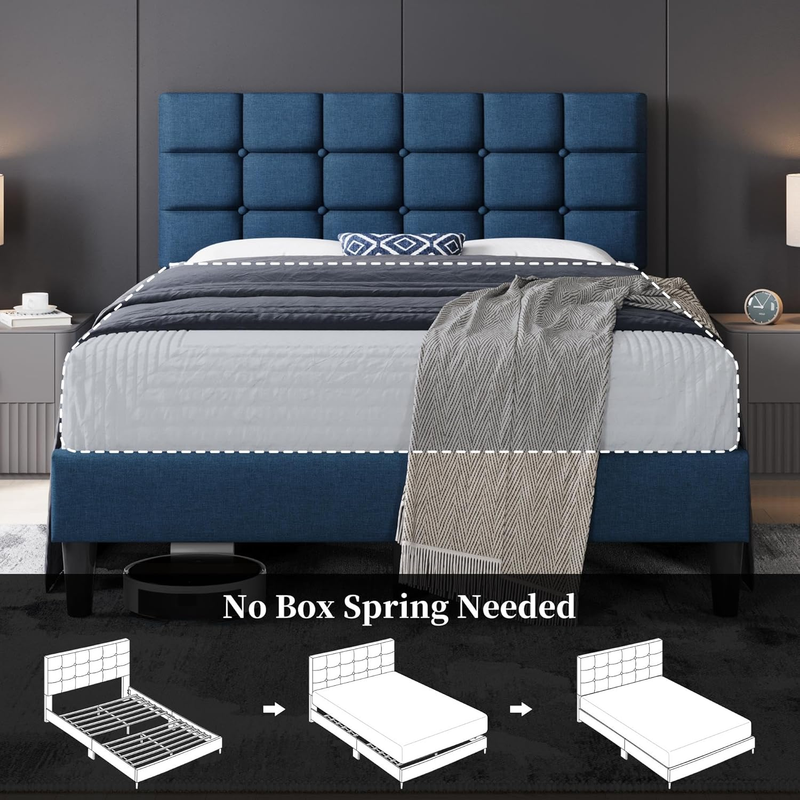Upholstered Full Bed Frame Tufted Headboard Adjustable Wood Slats Navy Blue7