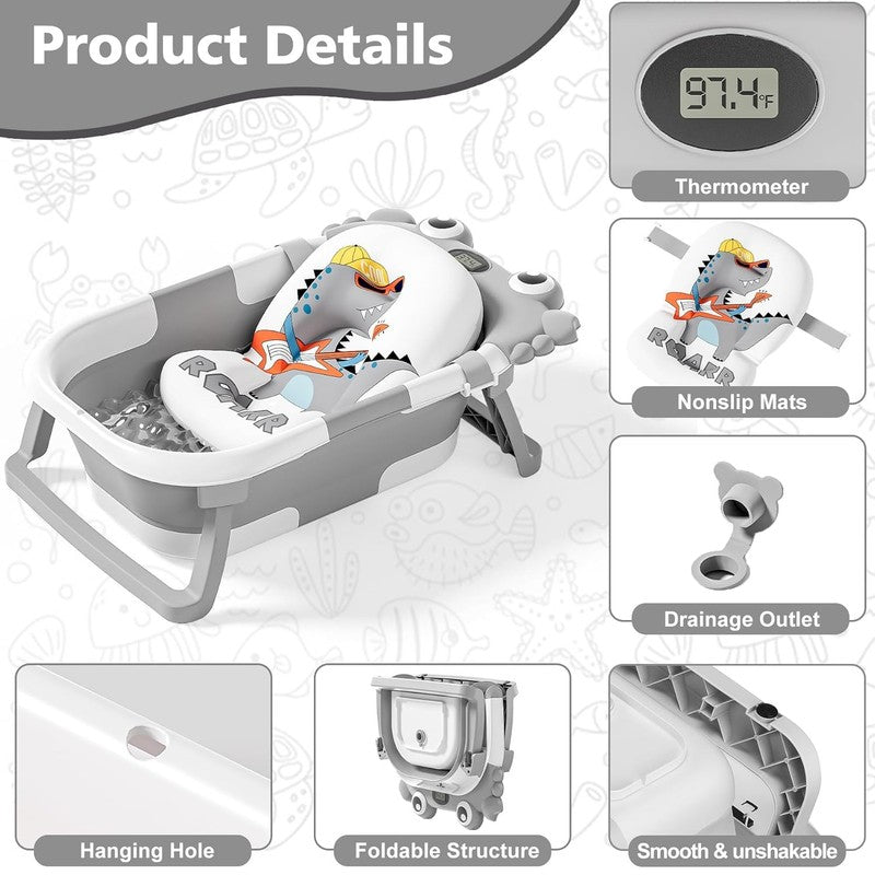 Collapsible Baby Bathtub Thermometer Soft Cushion Foldable Baby Tub 0 36M Grey1