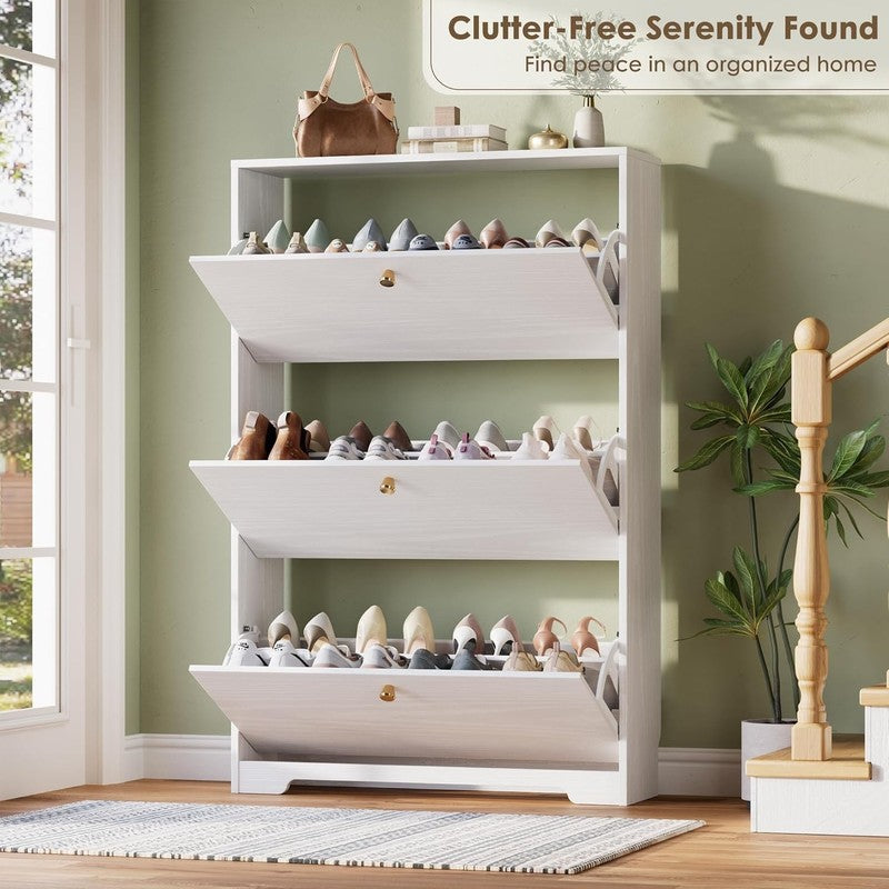 47'' Shoe Cabinet 3 Flip Drawers Narrow Organizer Freestanding Entryway White3