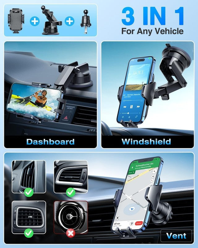 Car Phone Holder Mount, Strong Suction & Clip for Dashboard Windshield Vent3