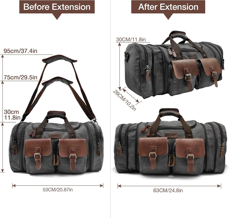 50L Canvas Leather Duffel Bag Expandable Overnight Weekender Travel Bag6